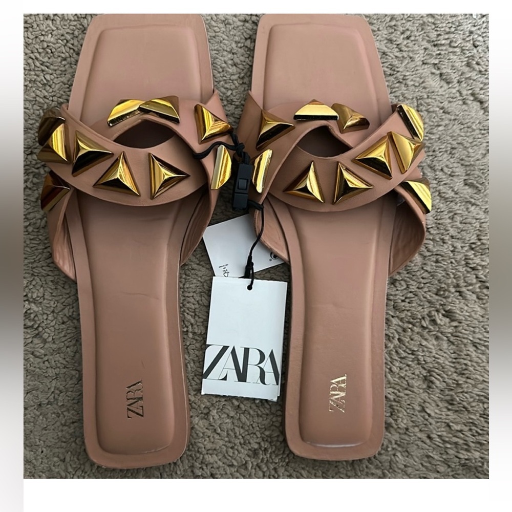Zara Tan Women's Square Toe Sandals Gold Studded